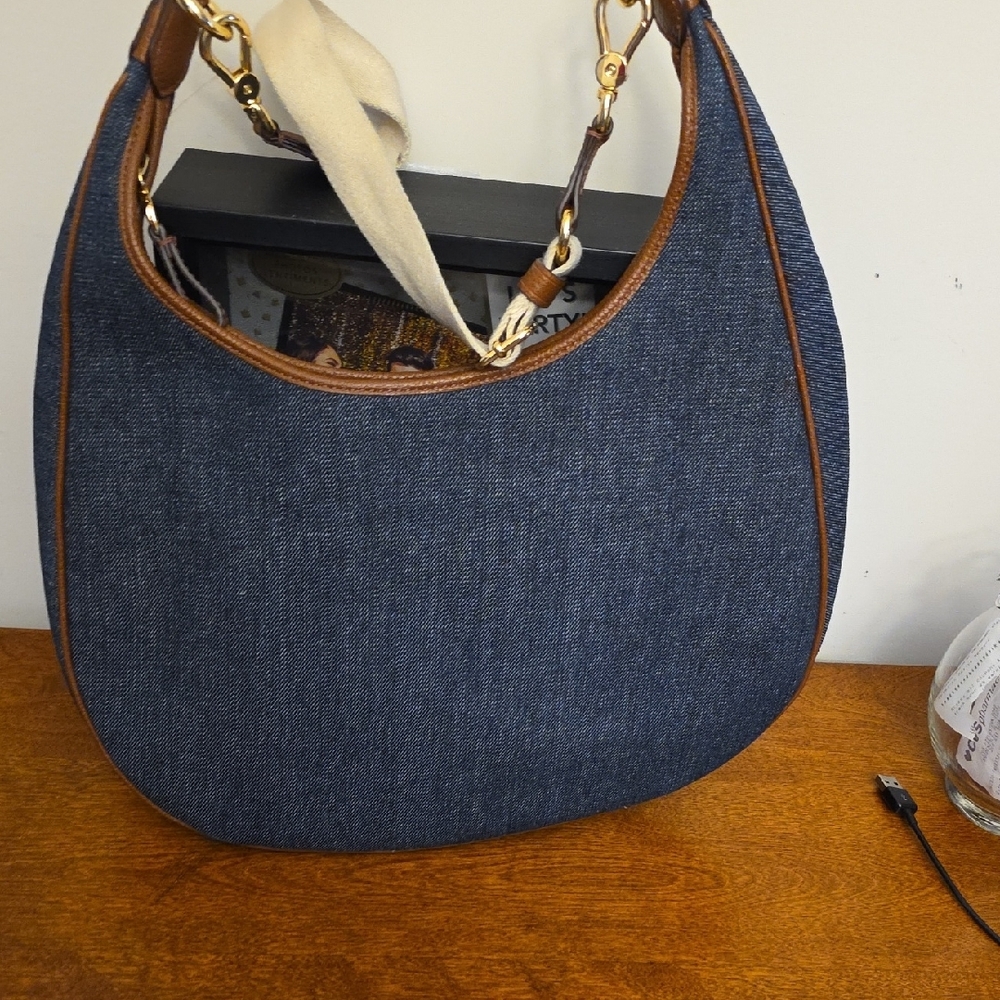 Ralph Lauren Double L Denim and Brown Hobo Bag - Picture 2 of 6